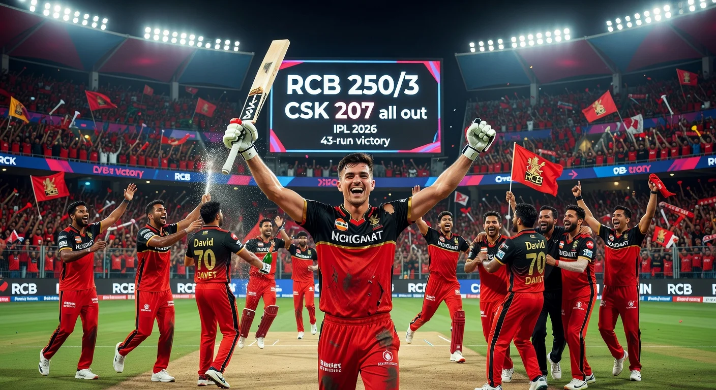 RCB players, led by Tim David, celebrate 43-run IPL 2026 win over CSK at M. Chinnaswamy Stadium.