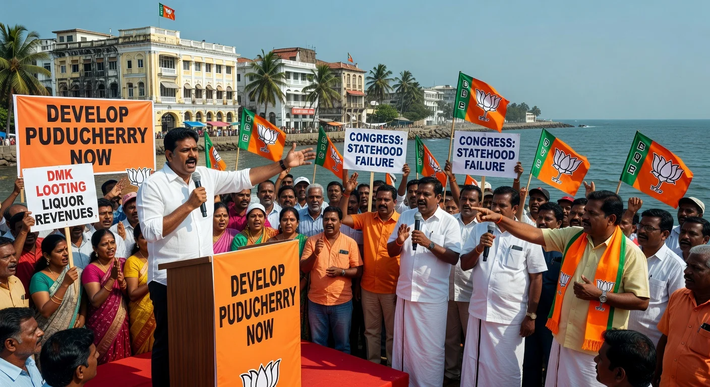Political rally in Puducherry with BJP leaders pledging development and warning against rivals ahead of elections.