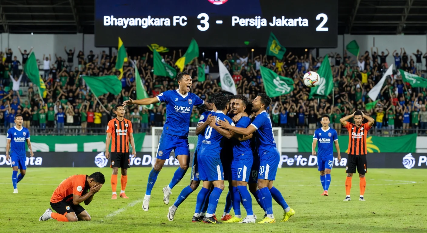 Persija Jakarta's dejected players after Bhayangkara FC's late 3-2 comeback win in Super League match.
