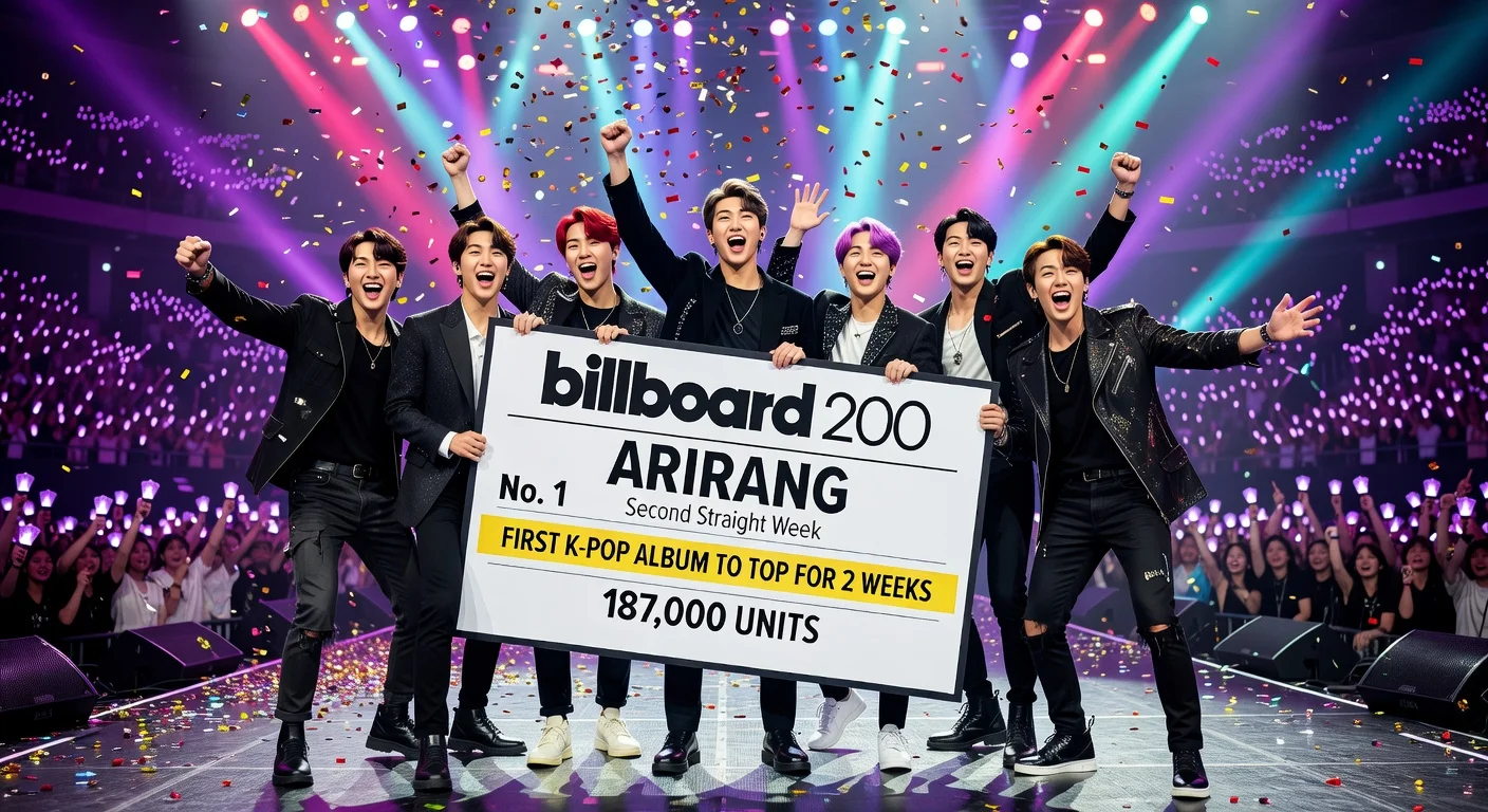 BTS celebrates 'Arirang' topping Billboard 200 for second week, first for K-pop.
