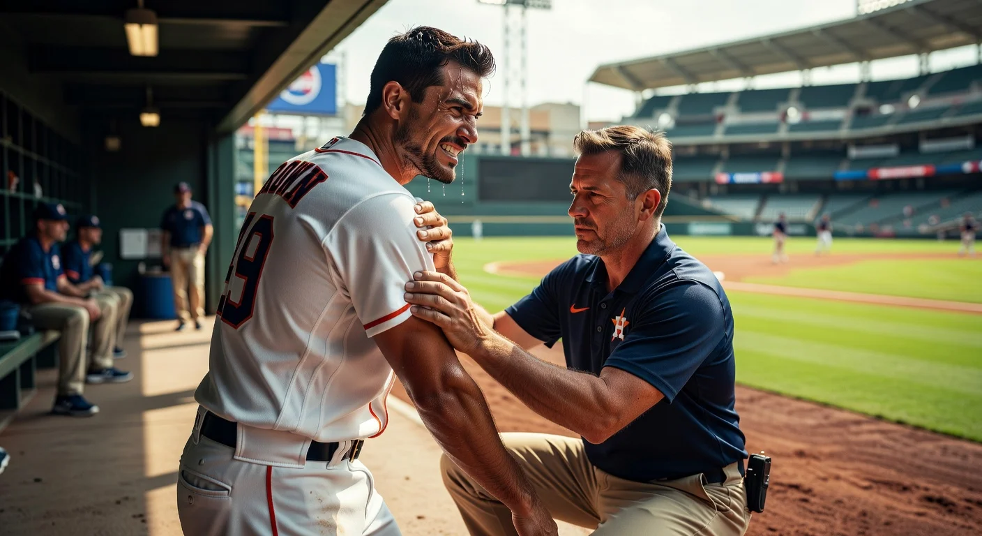 Houston Astros pitcher Hunter Brown grimacing while holding his injured right shoulder, attended by a trainer in the dugout.