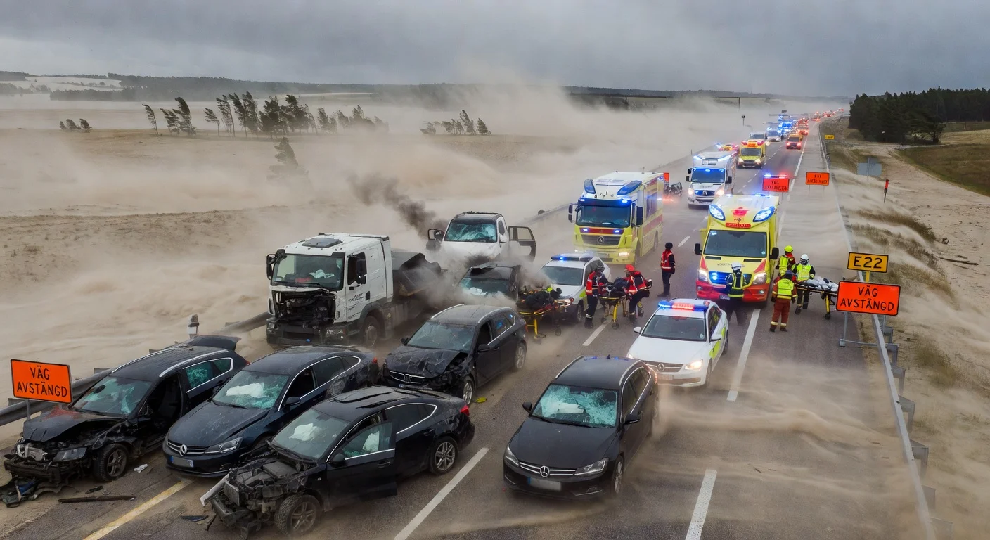 Car pile-up on E22 near Sölvesborg due to sandstorm from strong winds; emergency services respond as five hospitalized.