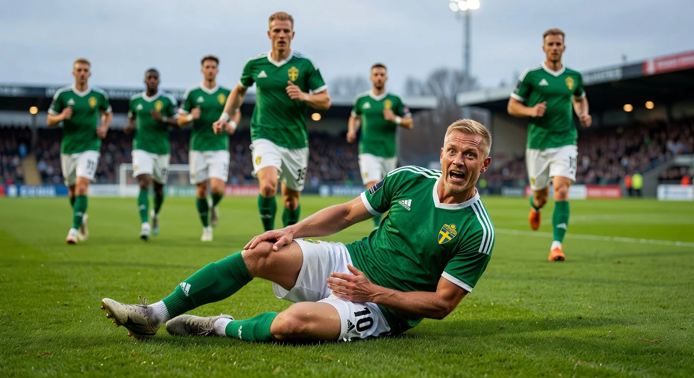 Gustav Lundgren in agony clutching his ruptured Achilles tendon during GAIS warm-up at Gamla Ullevi.