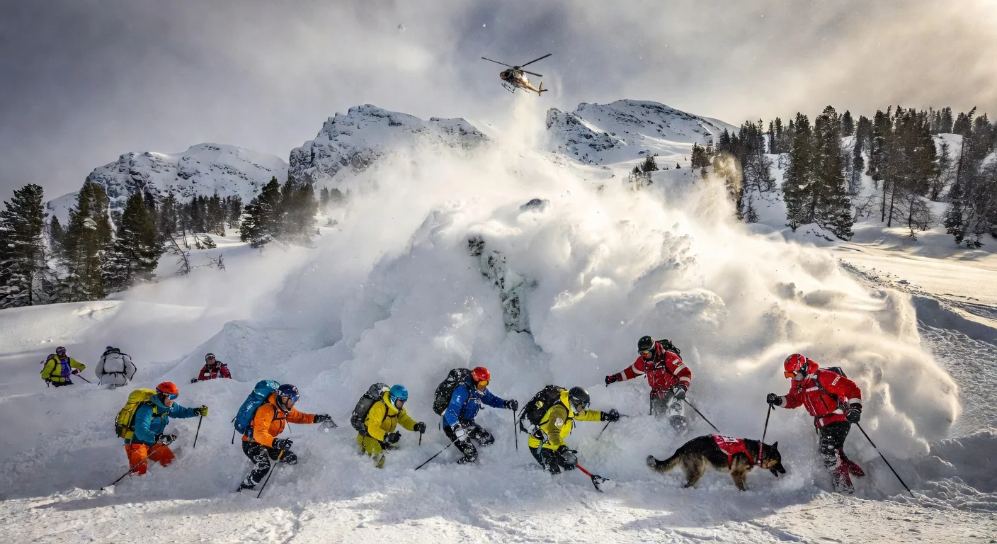 Rescue teams search for skiers buried in a deadly avalanche on a Hemsedal, Norway ski slope.