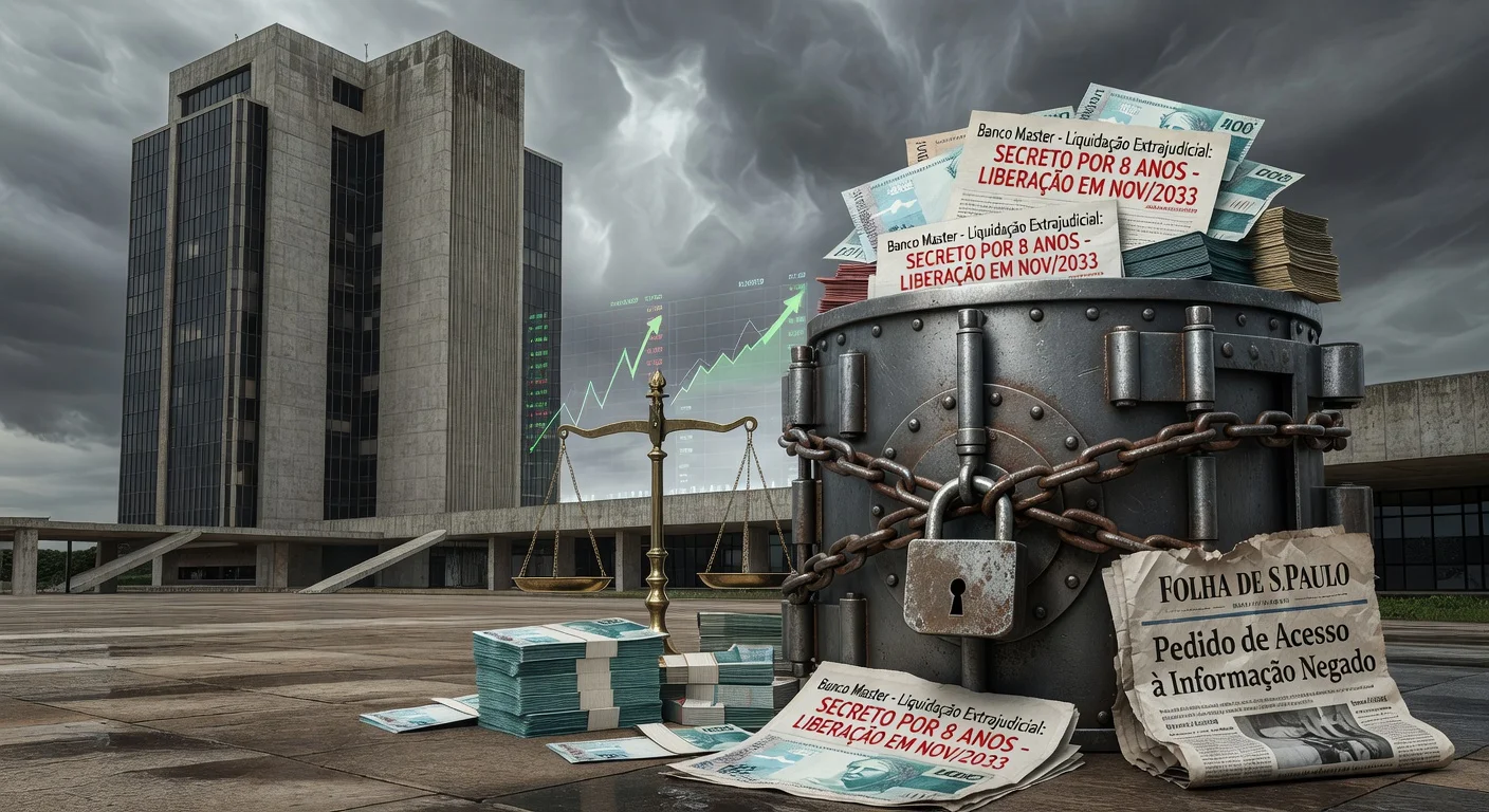 Illustration of Brazil's Central Bank imposing eight-year secrecy on Banco Master liquidation documents, with locked files, stamps, and 2033 calendar.