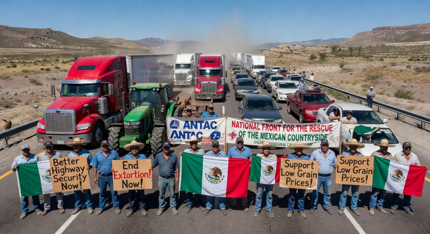 Truckers and farmers blockade a Mexican highway with trucks and tractors, protesting for improved security, end to extortion, and grain price support.