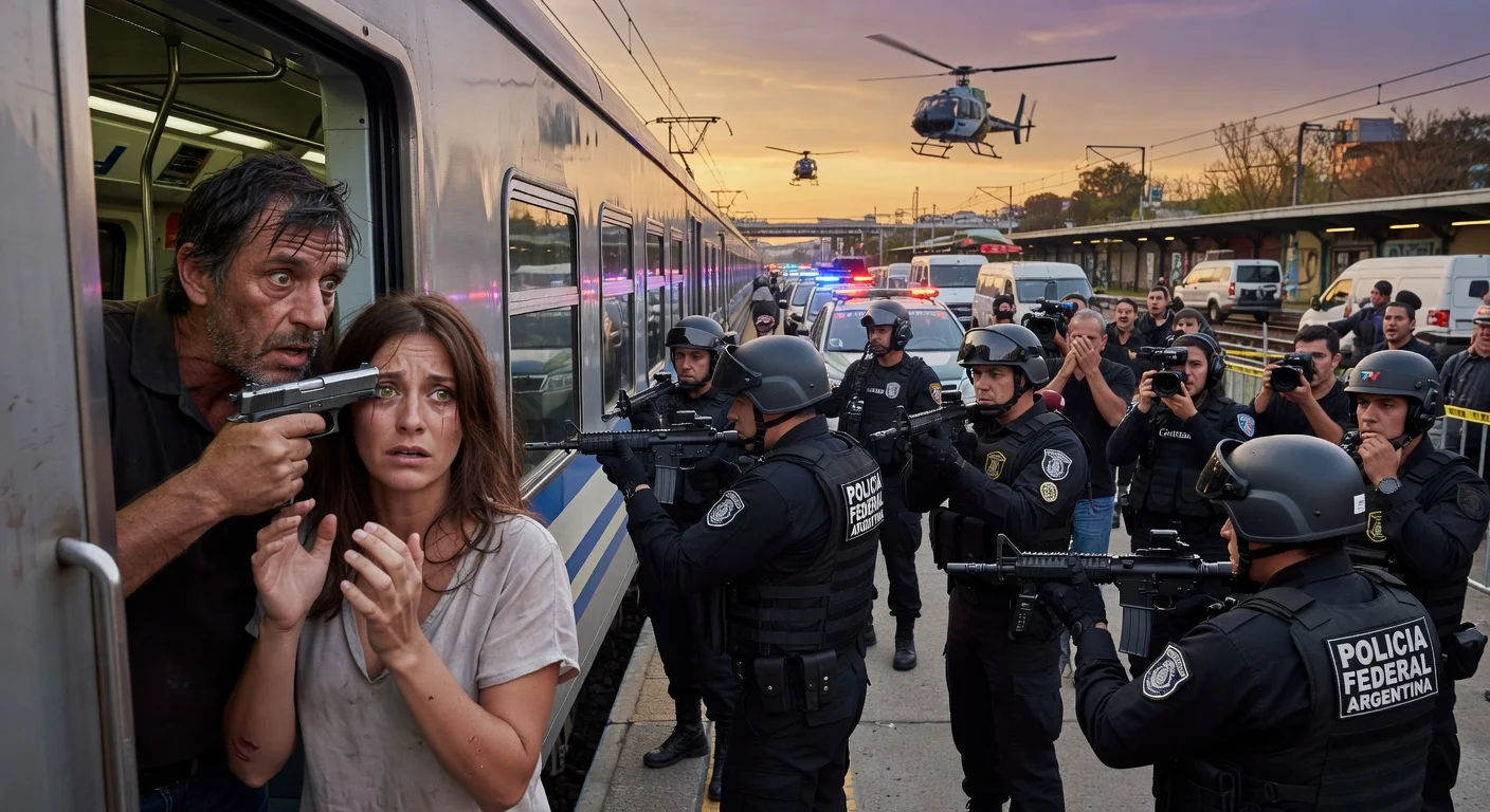 Illustration of armed man holding woman hostage on Tren Roca train at Temperley station during police operation and arrest.