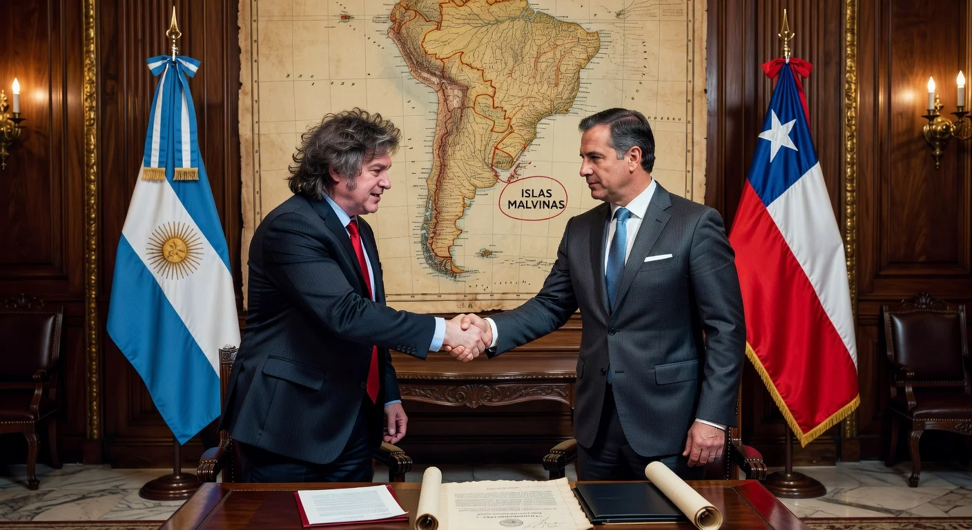 Presidents Milei and Kast shaking hands before flags and Malvinas map, symbolizing Chile's support for Argentina's Falklands claim and bilateral ties.