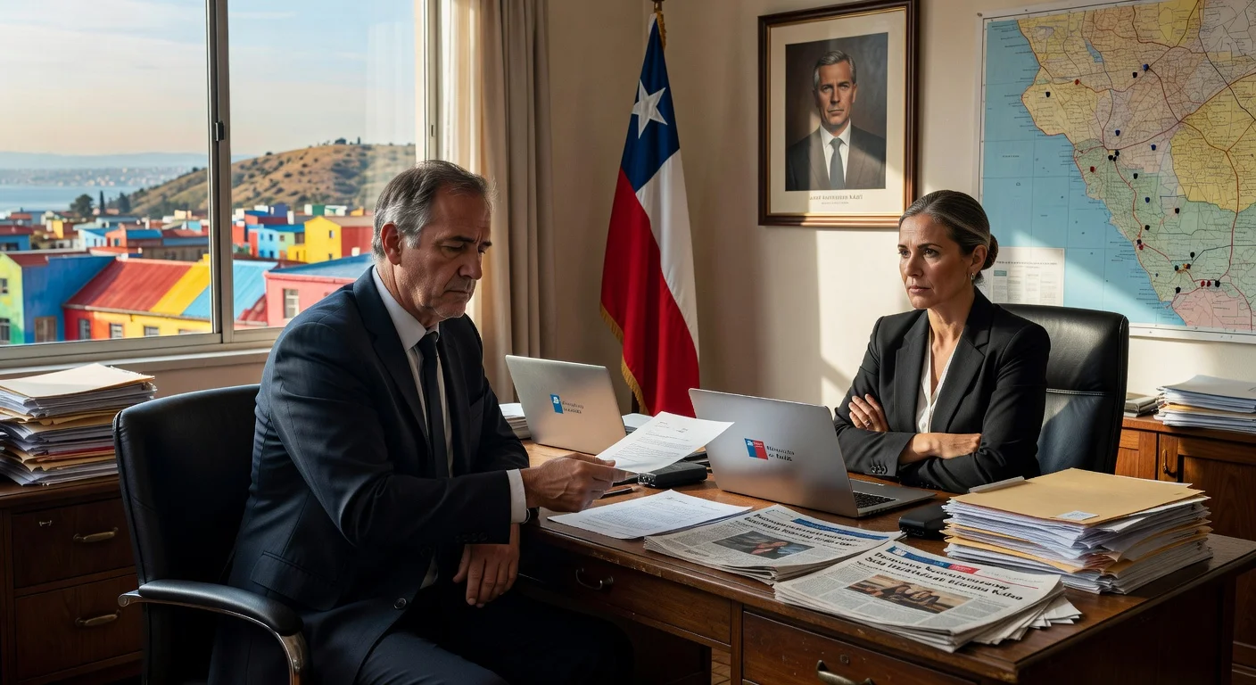 Illustration depicting the resignation of Valparaíso health seremi Aldo Ibani amid stumbles in José Antonio Kast's government appointments.