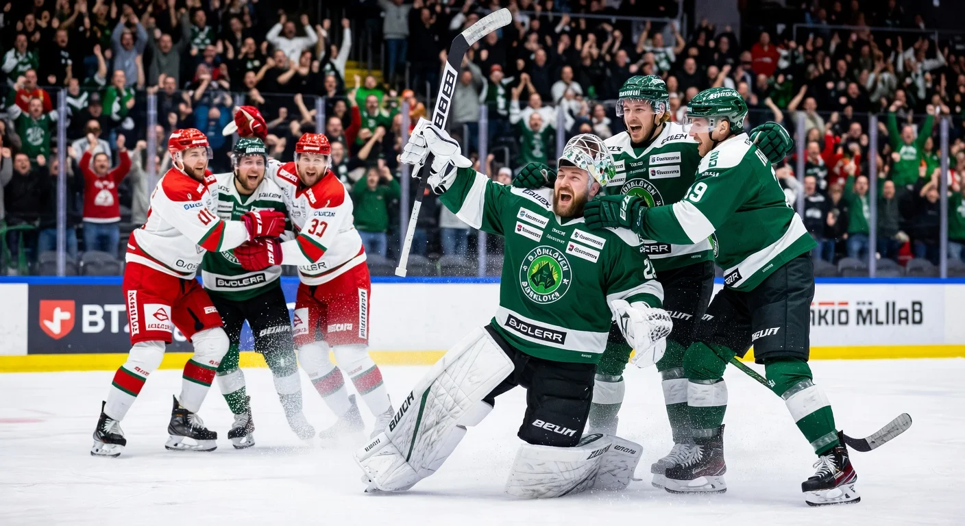 Björklöven players celebrate 2-0 shutout victory with goalie Frans Tuohimaa amid physical playoff action against Södertälje.