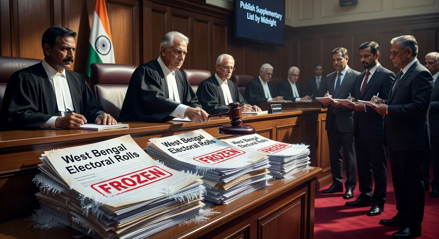 Illustration depicting Supreme Court judges ordering a freeze on West Bengal voter rolls, with iced documents symbolizing the directive.