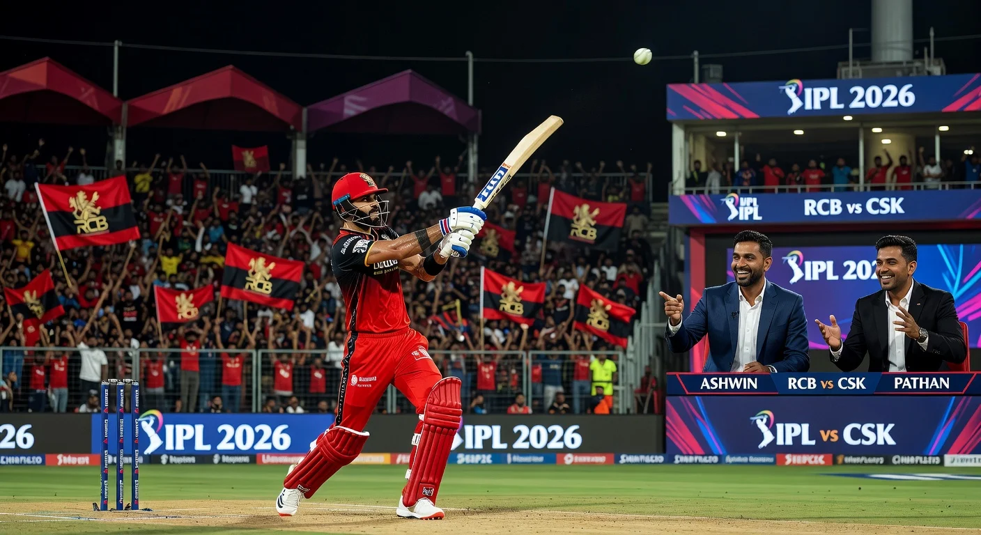 Virat Kohli smashing a no-look six in RCB vs CSK IPL match, showcasing new batting style as noted by Ashwin.