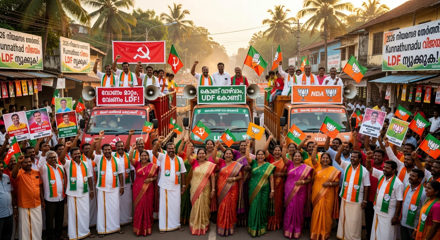 Election roadshows and rallies by LDF, UDF, and NDA candidates drawing huge crowds in Kunnathunadu, Angamaly, and Kothamangalam ahead of Kerala polls.