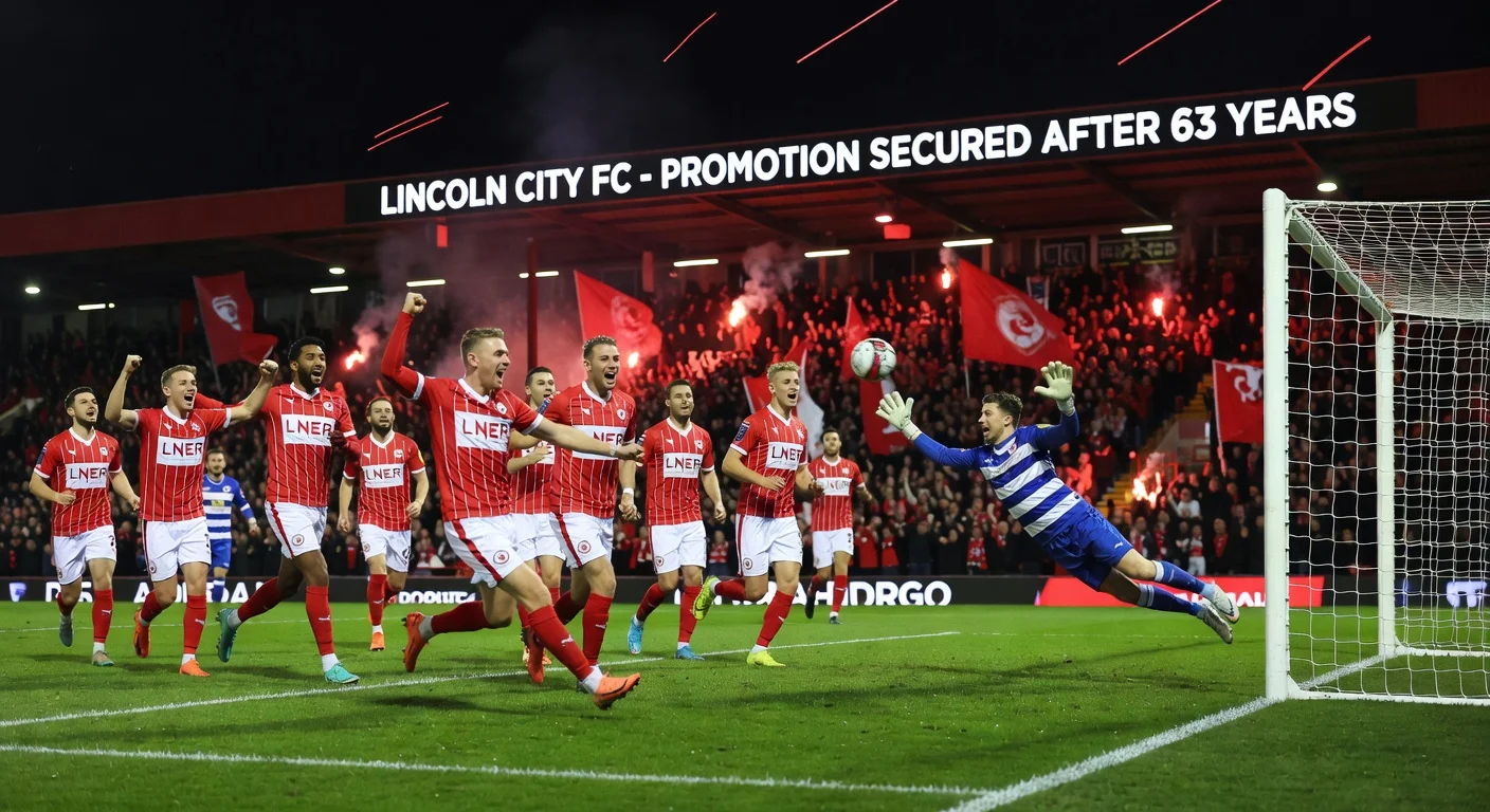 Lincoln City players and fans celebrate Jack Moylan's late winning goal securing Championship promotion against Reading.