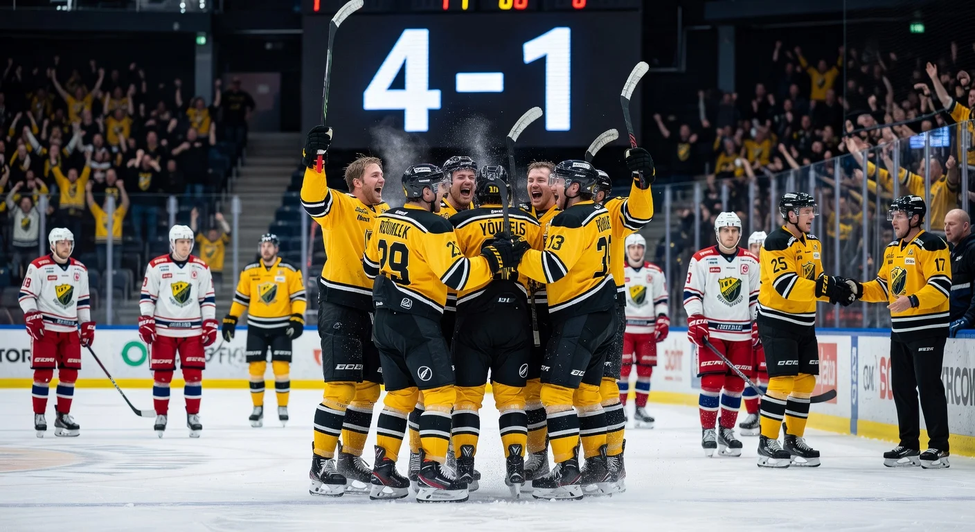 Rögle BK players celebrate historic 4-1 SHL playoff comeback win over Färjestad BK, with coaches reacting on the ice.