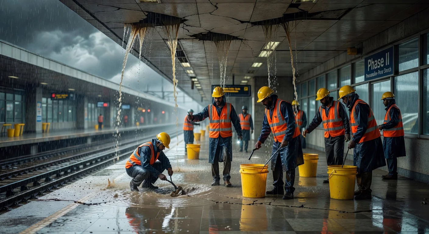 Rainwater leaking profusely from the ceiling of a Chennai Metro Rail Phase II station, with workers urgently repairing amid heavy downpour.