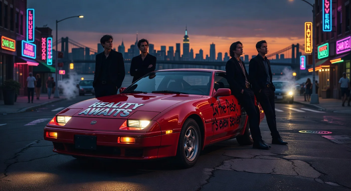 Photorealistic illustration depicting The Strokes' teaser for new album 'Reality Awaits' featuring a 1980s Nissan 300ZX and the tagline 'In the flesh, it’s even sexier' on a New York street.