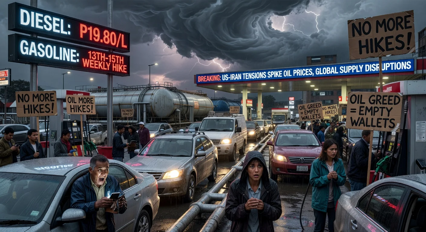 Realistic depiction of a gas station with surging fuel prices amid US-Iran tensions and oil disruptions.