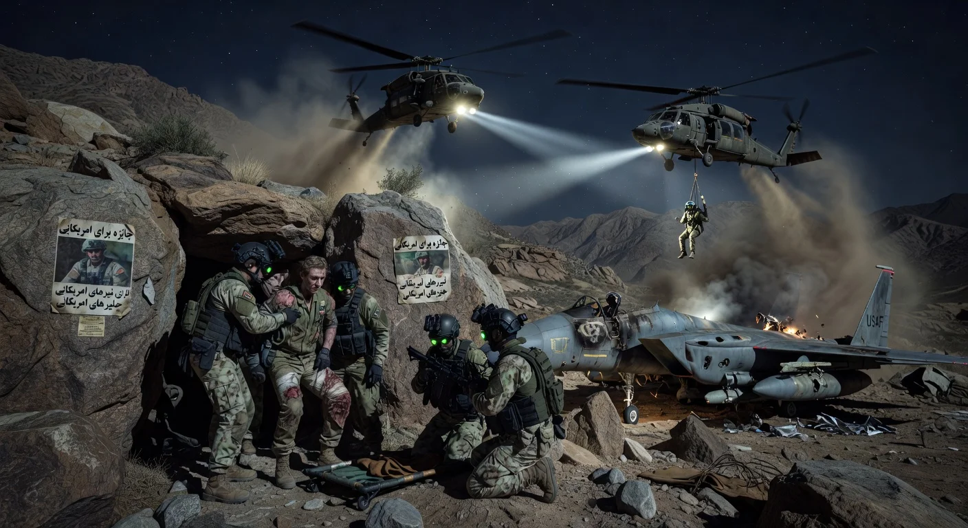 Dramatic illustration of US special forces rescuing F-15E crew from downed jet in Iranian mountains amid Iranian bounty hunt.