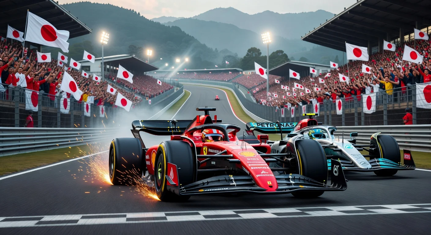 Charles Leclerc in Ferrari narrowly holds off George Russell's Mercedes for third place podium at Japanese GP in Suzuka.