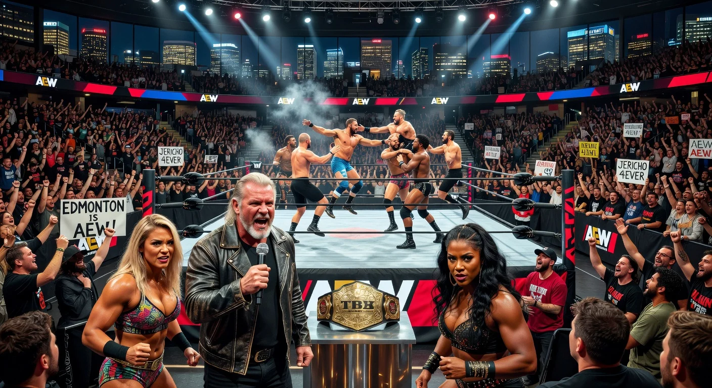 Realistic illustration of AEW Dynamite card in Edmonton: Jericho's address, Nightingale vs. Aminata TBS title match, and six-man tag.