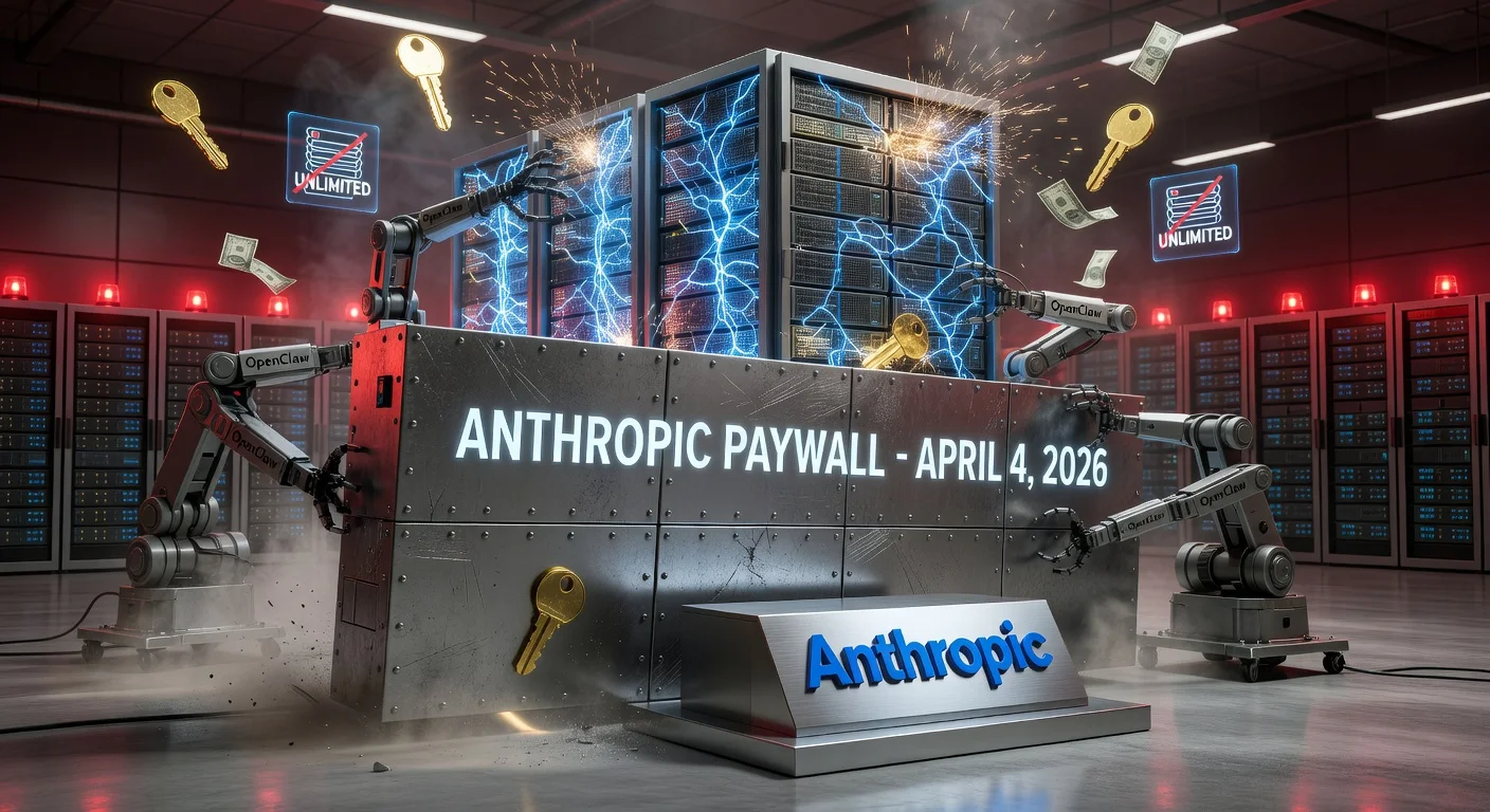 Dramatic illustration of Anthropic imposing a paywall on Claude AI, blocking third-party agents from overloaded servers.