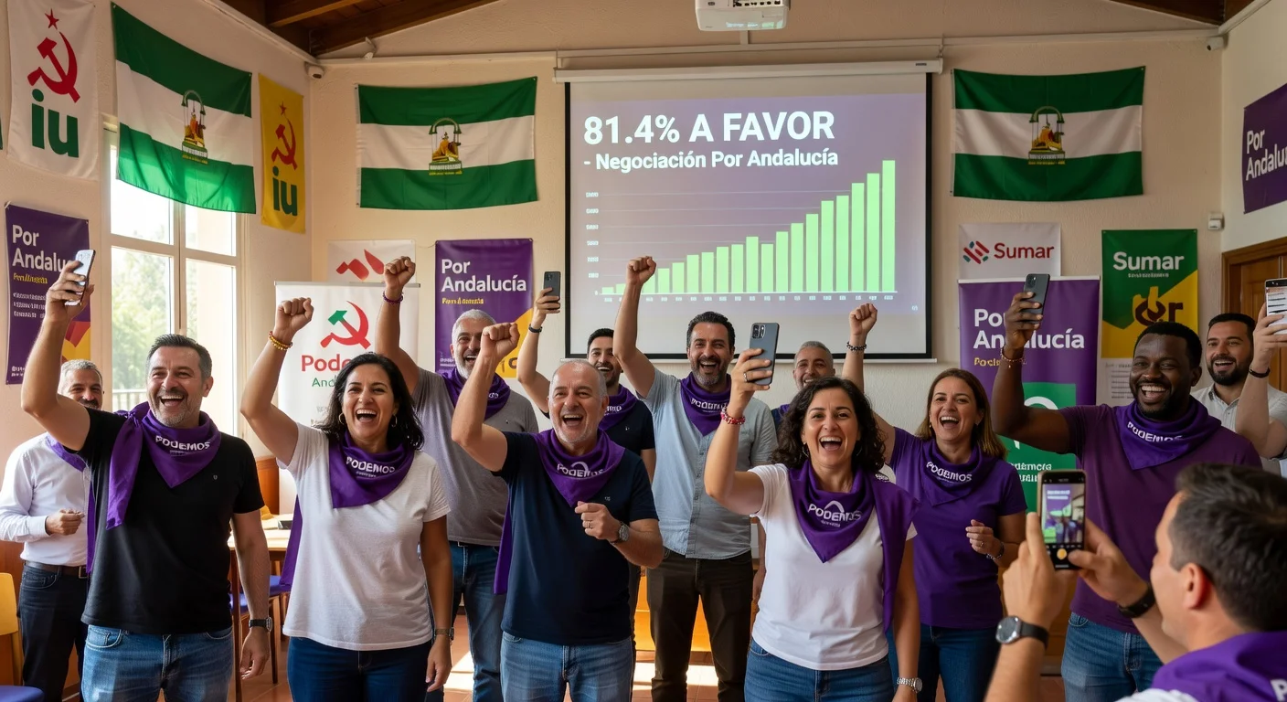 Podemos Andalucía activists celebrate 81.4% vote approving Por Andalucía coalition negotiations.