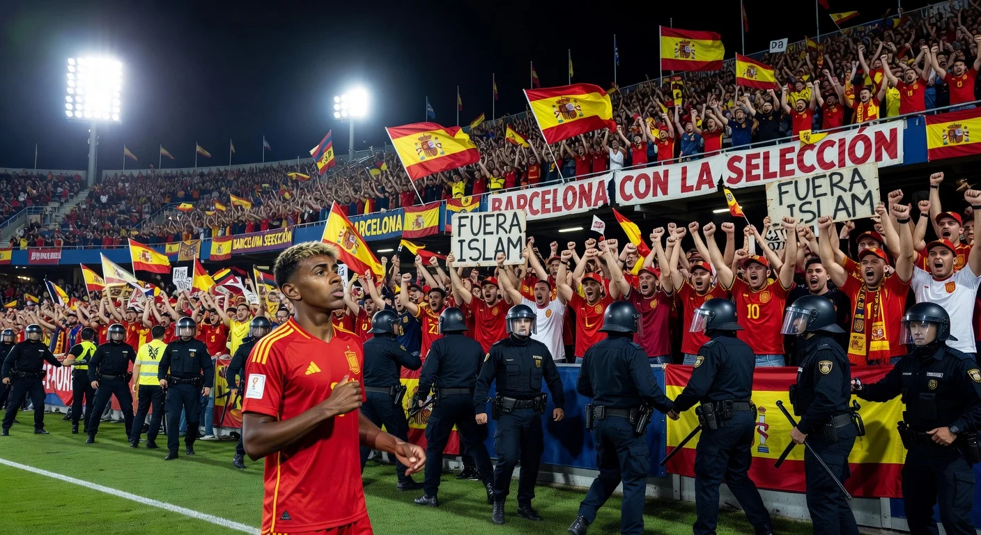 News illustration of aggressive fans chanting in Cornellà stadium sectors during Spain-Egypt match, Lamine Yamal condemning from pitch, police probing.