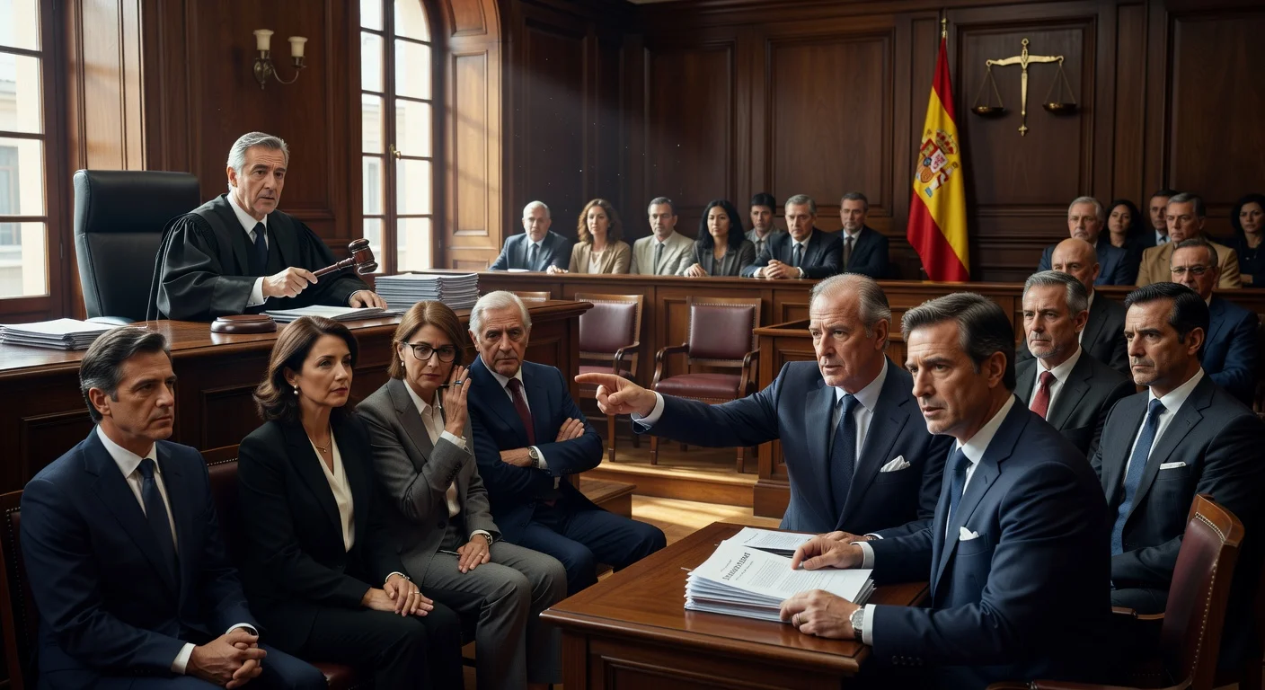 Courtroom illustration depicting defenses demanding dismissal in Begoña Gómez case ahead of jury trial.