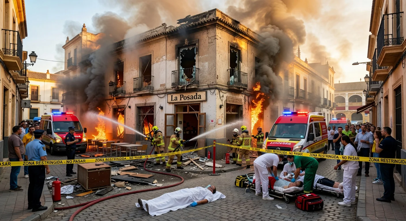 Emergency scene at La Posada cafeteria in Almería after explosions and fire, showing firefighters, ambulances, smoke, and damaged building.