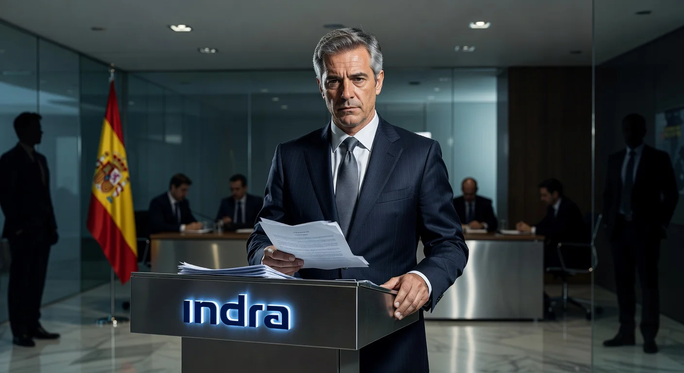 Ángel Escribano, weary in suit at Indra podium, resigning amid government shadows.