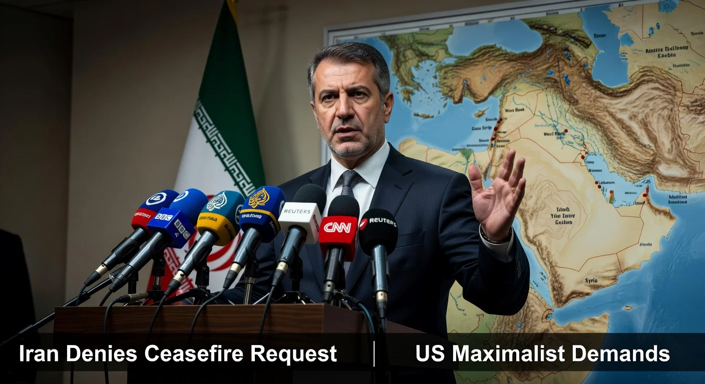 Iranian foreign ministry spokesman denies ceasefire claims and accuses US of maximalist demands at press conference amid Middle East conflict.