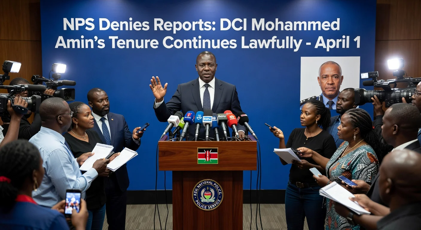 NPS spokesperson Muchiri Nyaga at press conference denying inaccurate reports on DCI Amin's tenure extension.
