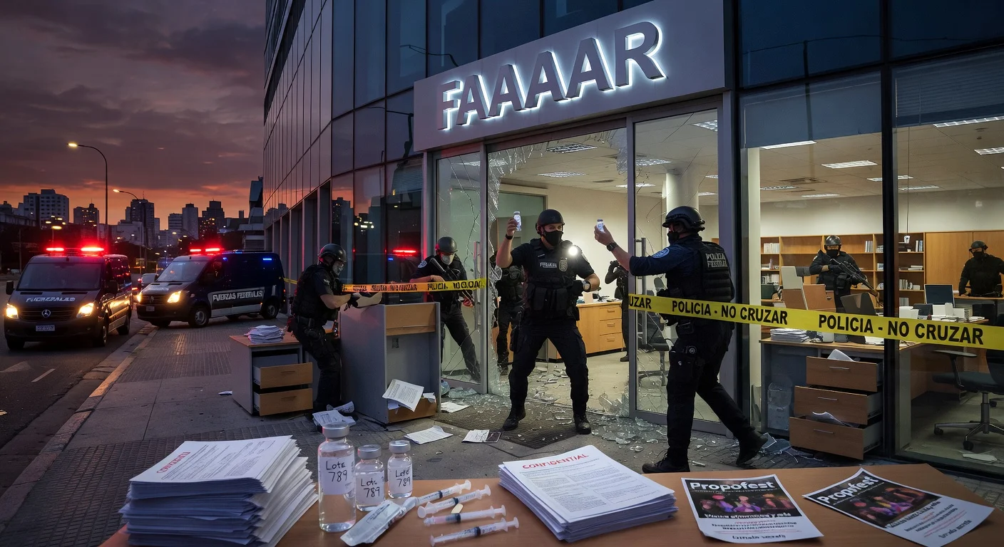 Police raiding the FAAAAR headquarters in Buenos Aires over hospital drug theft and 'Propofest' parties investigation.