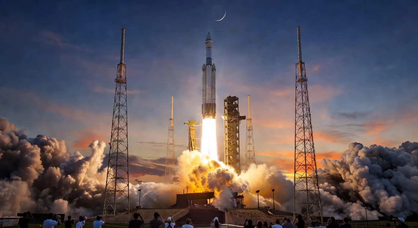 Dramatic photorealistic image of the Artemis 2 SLS rocket launching four astronauts toward the Moon from Cape Canaveral at sunset.