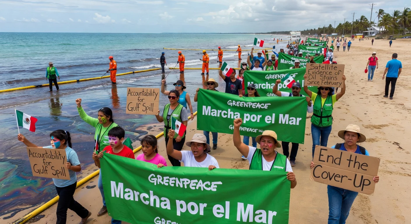 Protestors march on Veracruz beach for 'March for the Sea' demanding accountability for Gulf of Mexico hydrocarbon spill.