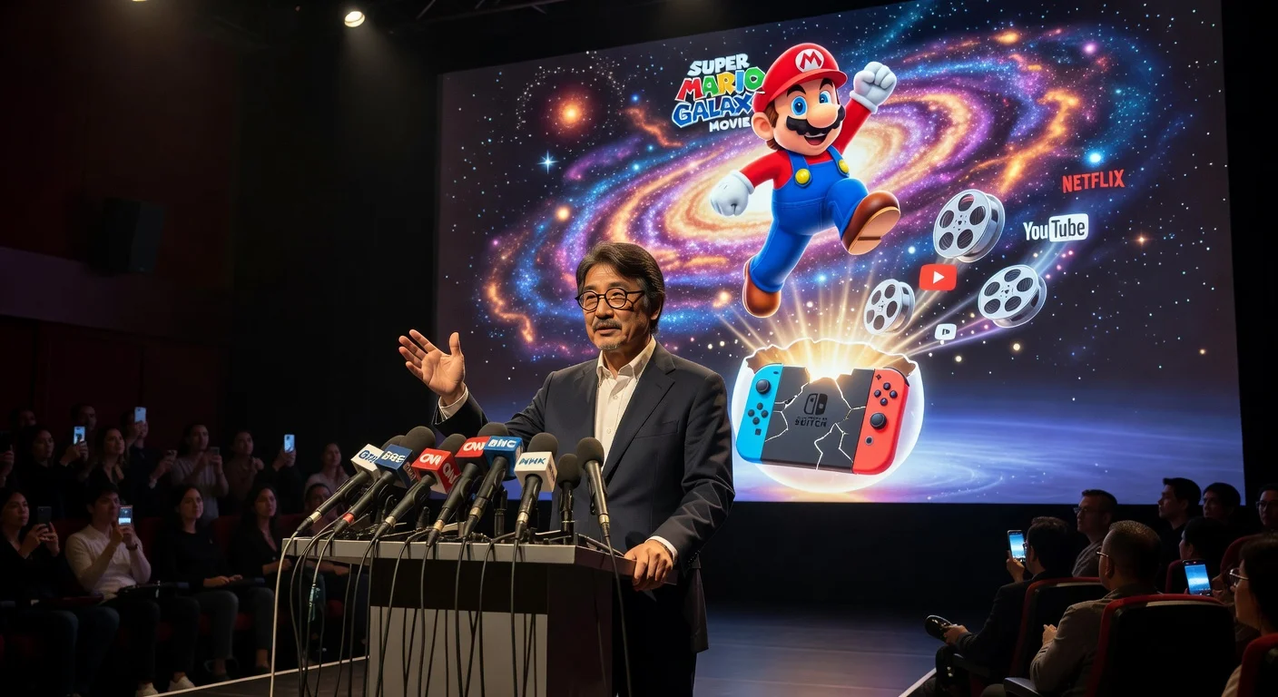 Shigeru Miyamoto at a press conference, illustrating Mario's expansion beyond Nintendo consoles via the Super Mario Galaxy Movie and digital media.