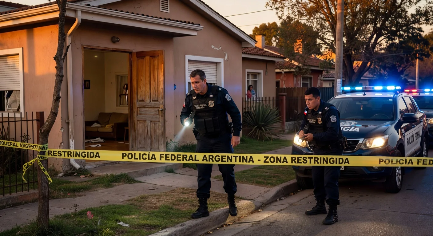 Argentine police search the empty home of fugitive Galvarino Apablaza, former FPMR leader linked to Senator Jaime Guzmán's murder, on the crime's 35th anniversary.