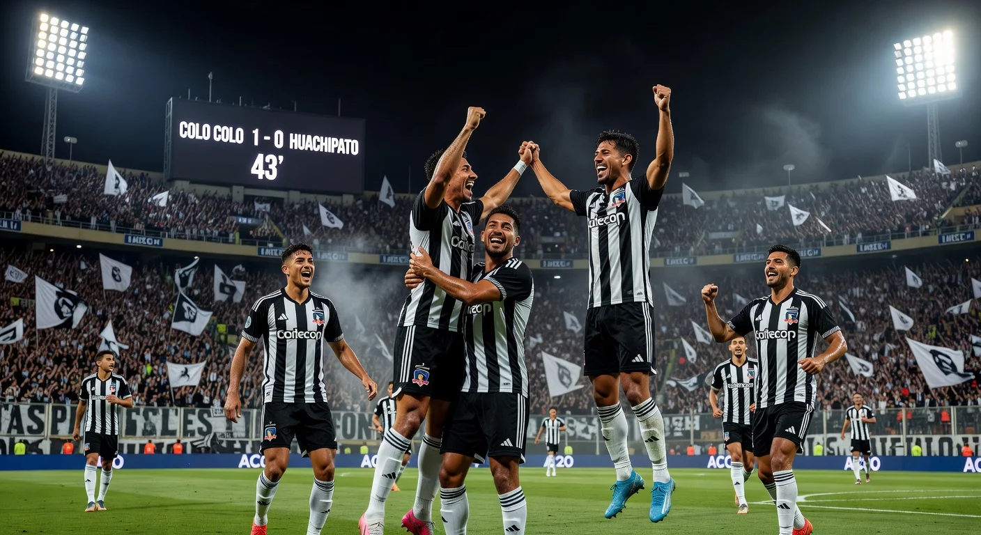 Colo Colo players celebrate 1-0 win over Huachipato with Leandro Hernández's goal at Estadio Monumental in Copa de la Liga.