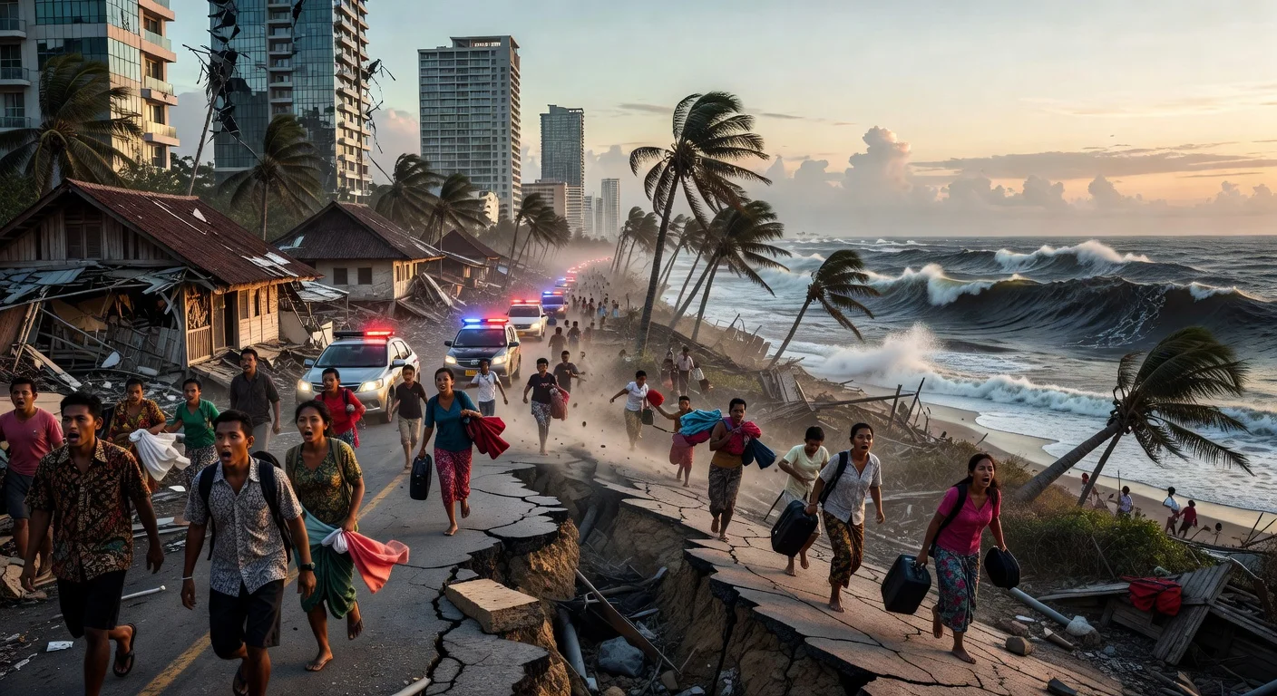 Illustration of 7.6 magnitude earthquake aftermath near Bitung, with shaking buildings in Manado, evacuating residents, and rising tsunami waves.