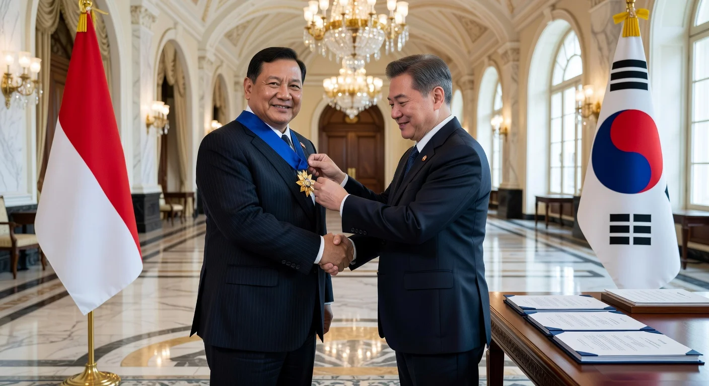 President Prabowo Subianto receives the Grand Order of Mugunghwa from President Lee Jae Myung in Seoul amid MoU signings.