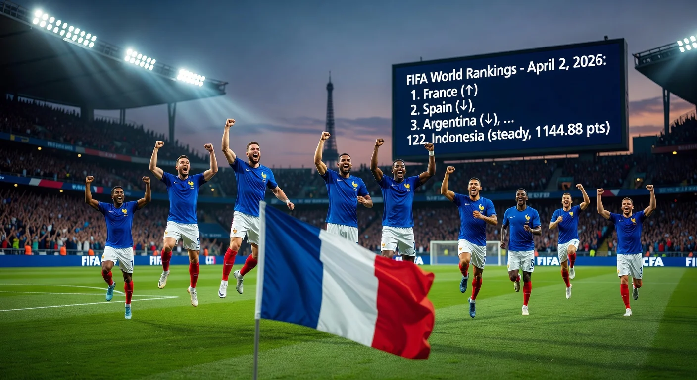 French soccer team celebrates reclaiming FIFA's top world ranking, with Indonesia holding steady at 122nd, stadium screen graphic.