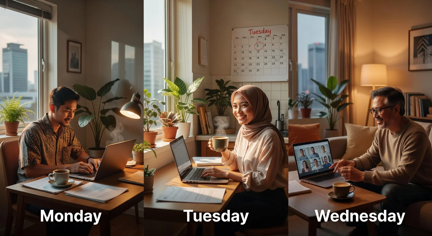 Illustration depicting private firms' employees working remotely on chosen WFH days under new energy-saving policy.