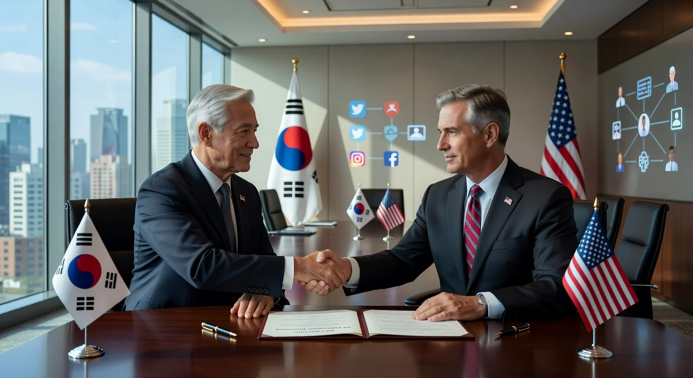 South Korean and US diplomats shake hands after signing a memorandum on alliance promotion through public diplomacy.