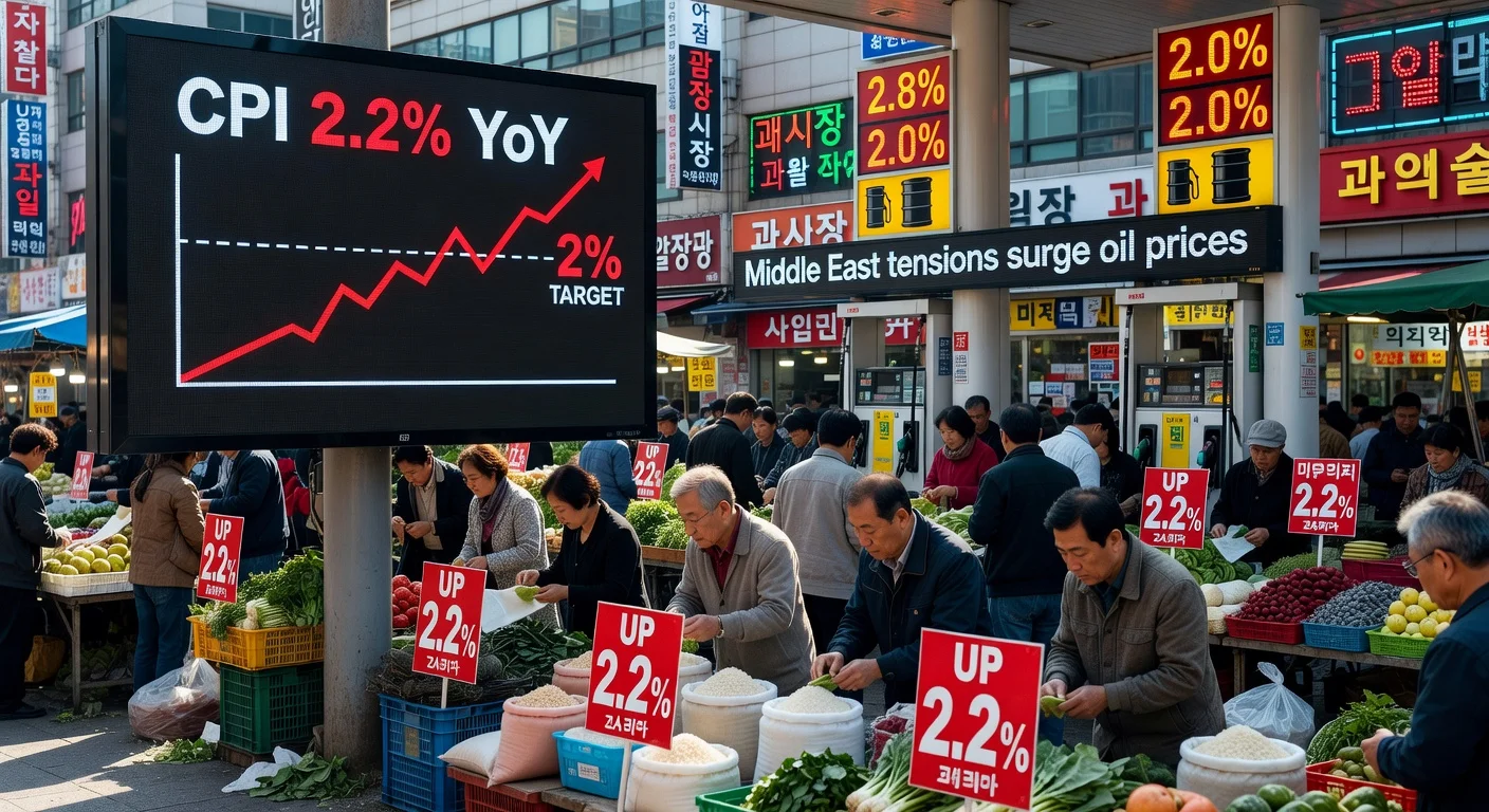 Illustration of South Korean market with rising prices and CPI graph amid oil-driven inflation.