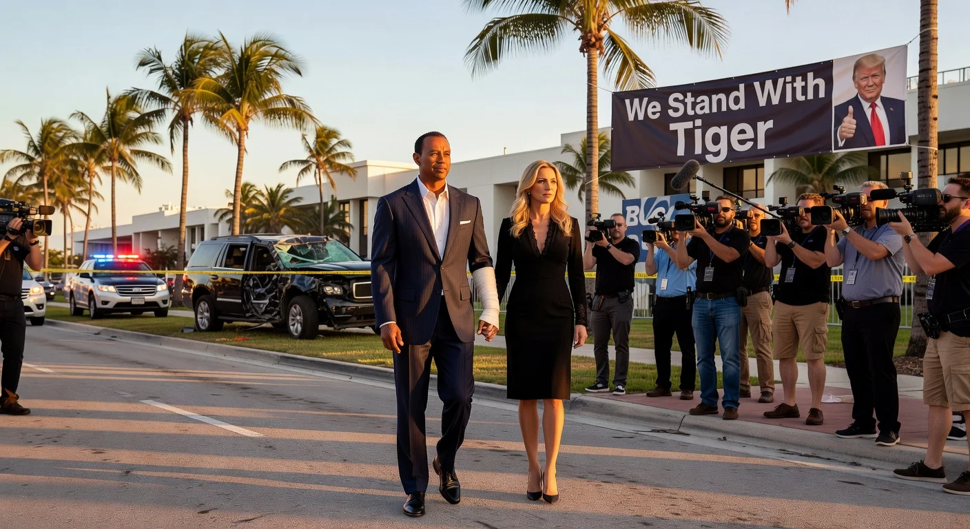 Tiger Woods exits Florida courthouse after not guilty plea to DUI, crash wreckage and supporters visible.