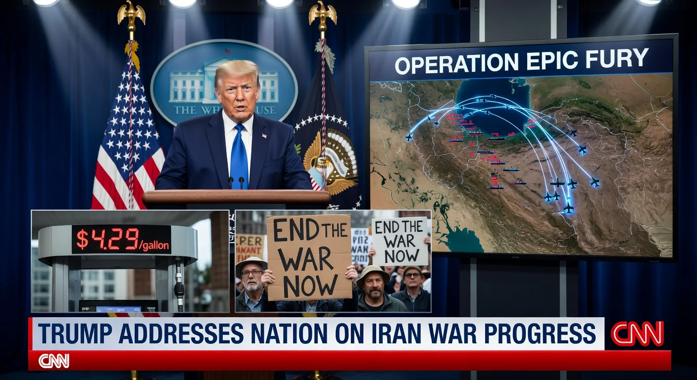 President Trump delivers national address on U.S. war progress against Iran, with visuals of Operation Epic Fury, blocked Strait of Hormuz, high gas prices, and veteran protests.