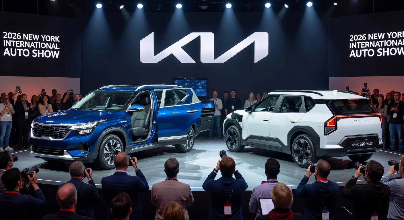Kia 2027 Seltos hybrid SUV and EV3 electric vehicle on stage at New York Auto Show.