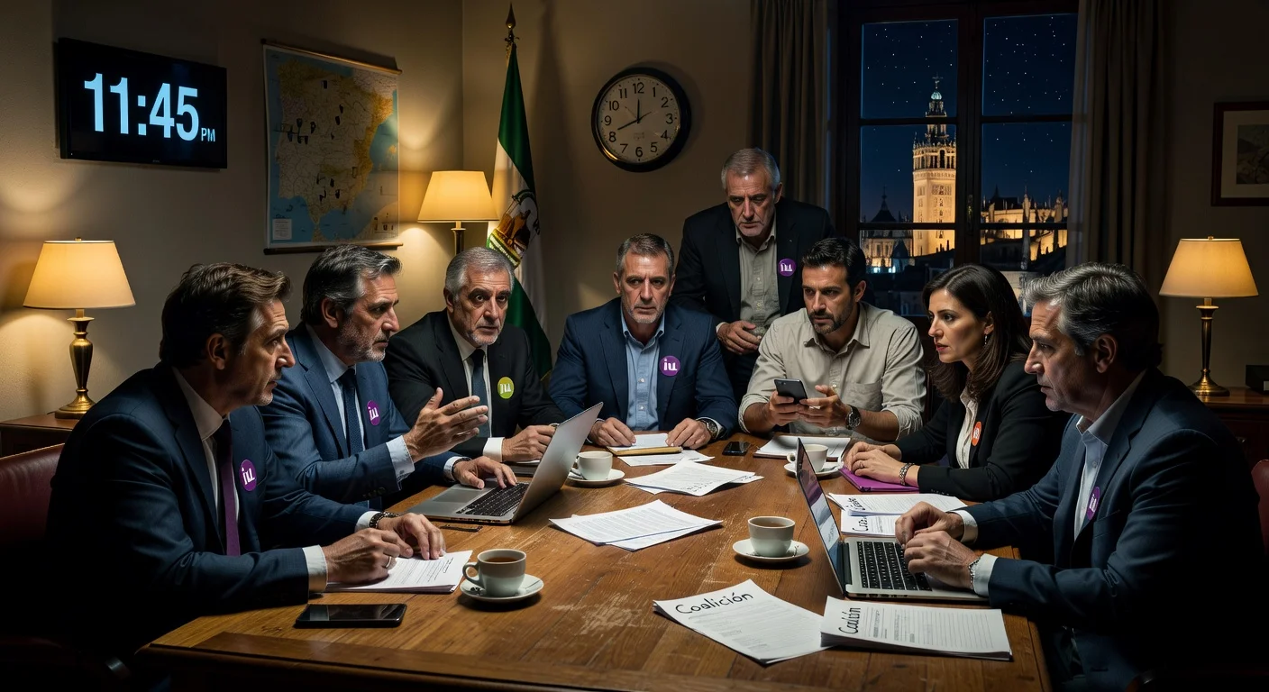 Illustration of IU and Podemos leaders in intense late-night negotiations in Seville to seal coalition deal before Andalusian elections deadline.