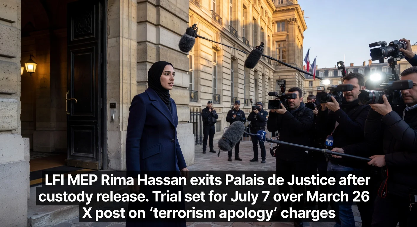 Rima Hassan exits Paris courthouse after custody release, facing July terrorism apology trial.